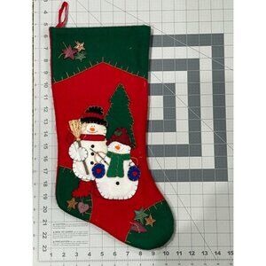 Vtg Christmas Stocking Felt Snowman Family  Applique 18 Inch Holiday Decor